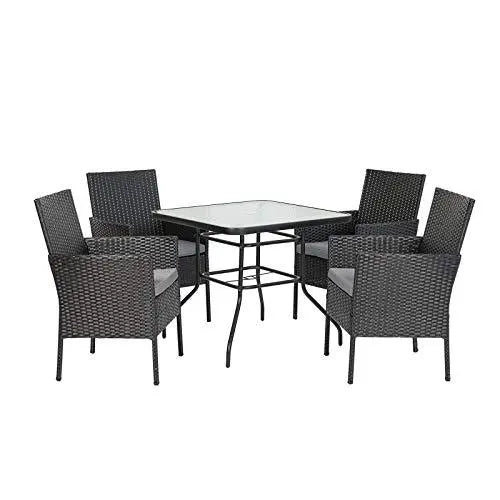 5-Piece Black Wicker Patio Dining Set  Rattan Table, 4 Chairs & Tempered Glass Top