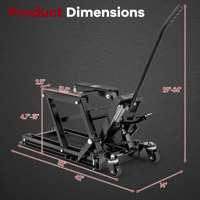 Heavy-Duty Hydraulic Motorcycle Lift  1500 LB Capacity with Footplates & Extended Handle