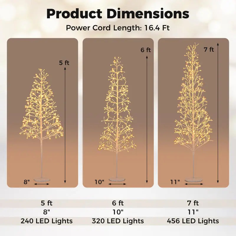 5/6/7-Foot Pre-Lit LED Birch Twig Tree with Warm White Lighting and Reinforced Base