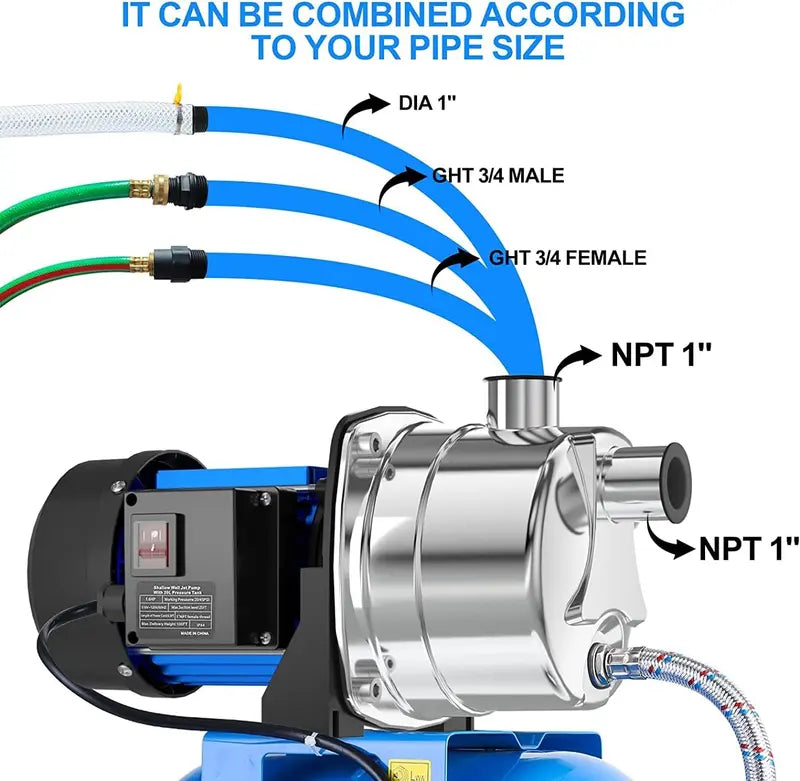 1.6 HP Stainless Steel Shallow Well Jet Pump  1268 GPH, Includes Pressure Tank for Irrigation & Drainage