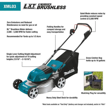 Makita 18 in. 18-Volt X2 (36-Volt) LXT Lithium-Ion Cordless Walk Behind Push Lawn Mower Kit with 4 Batteries (4.0 Ah) XML03CM1