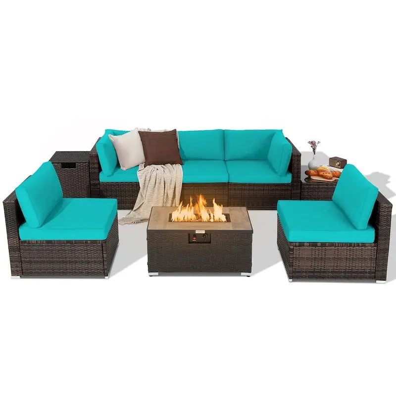 8-Piece All-Weather Rattan Patio Set  Fire Pit Table, Tank Holder, Cover, and Deck Accessories
