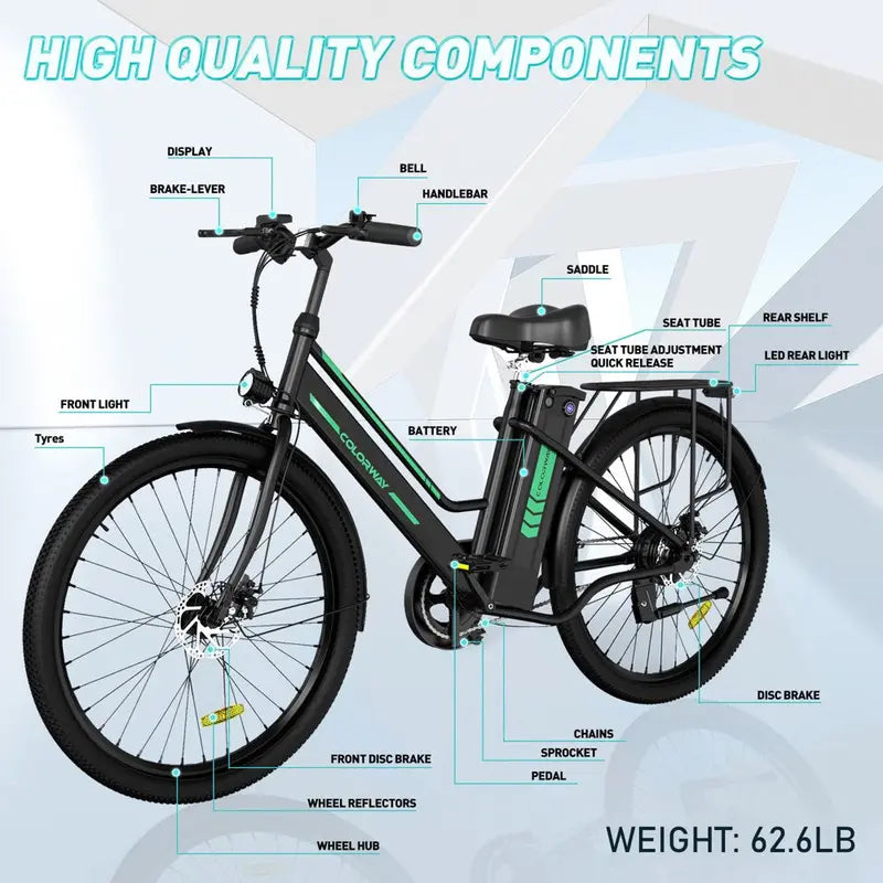 COLORWAY 26  Electric Bike for Woman, 500W Powerful Motor, 36V 12AH Removable Battery