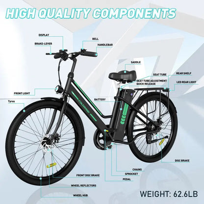 COLORWAY 26  Electric Bike for Woman, 500W Powerful Motor, 36V 12AH Removable Battery