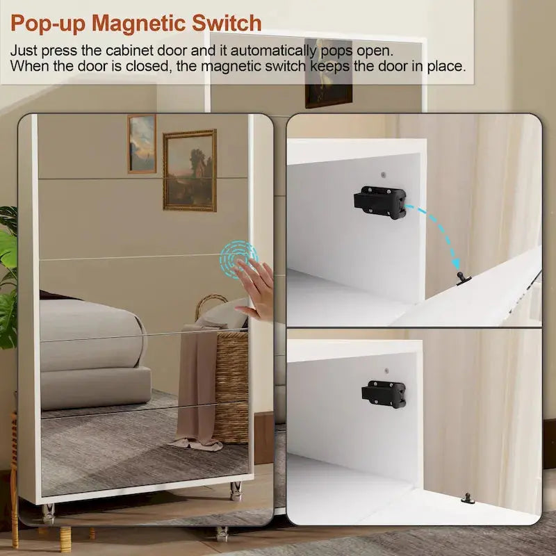 Mirror-Front Shoe Cabinet — 6 Flip-Down Drawers, Metal Frame, Touch-Activated Doors
