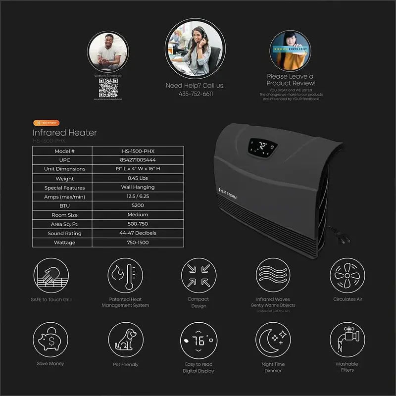 HS-1500-PHX-WIFI Infrared Wall Heater: WiFi-Controlled, Energy-Efficient Indoor Heating