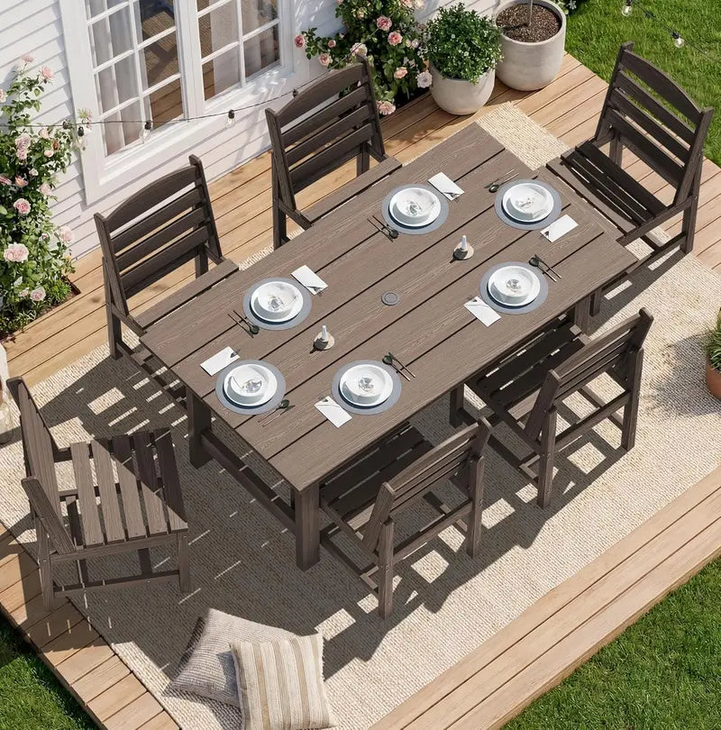 SERWALL 7-Piece Blue HDPE Outdoor Dining Set with Umbrella Hole and Stackable Chairs