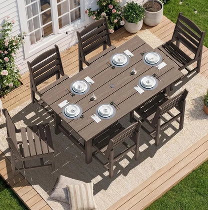 SERWALL 7-Piece Blue HDPE Outdoor Dining Set with Umbrella Hole and Stackable Chairs