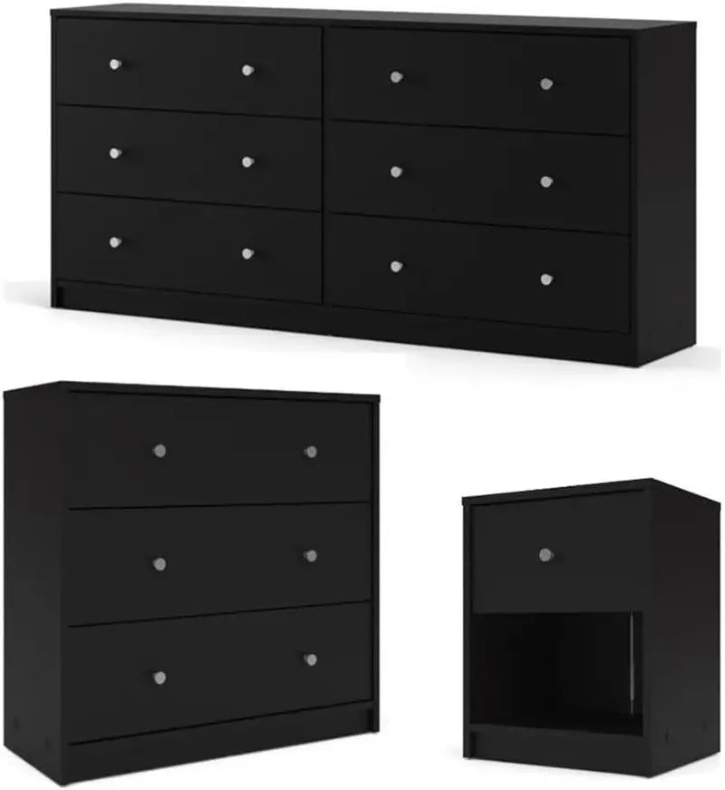 Scandinavian-Inspired 3-Piece Bedroom Set  Engineered Wood Chest, Double Dresser &amp; Nightstand in Black with Pewter Handles