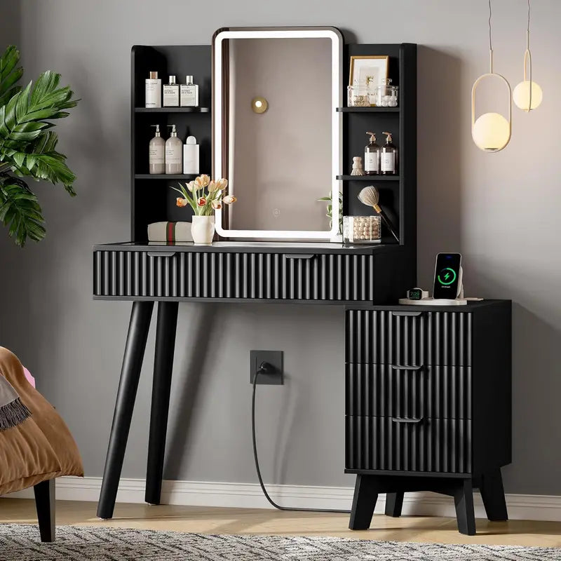 Compact LED Vanity Desk Set with Dimmable Mirror, Power Outlet, and Slim Profile