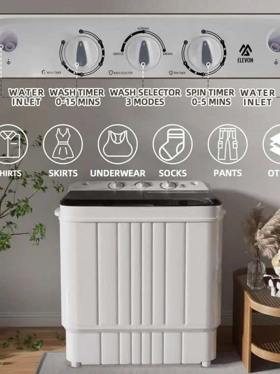 Portable Washing Machine  Twin Tub 17.6lbs, 11lbs Washer & 6.6lbs Spinner with Drain Pump for Apartments, Dorms, RVs
