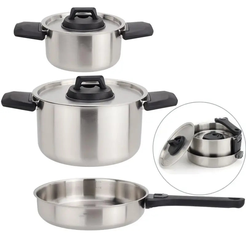 6-Piece Nesting Stainless Steel Camping Cookware with Detachable Handles