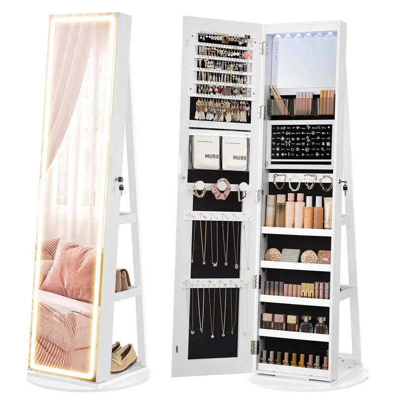 LED-Lit Standing Jewelry Armoire  Full-Length Mirror Cabinet with Adjustable Brightness & Organized Storage