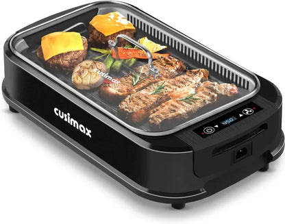 CUSIMAX Smokeless Indoor Grill: Turbo Smoke Extraction, Non-Stick Removable Plate, Tempered Glass Lid, and Compact Korean BBQ Design