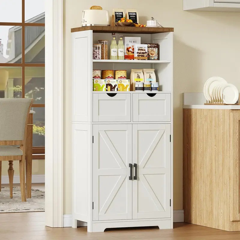 White Farmhouse Storage Cabinet  Two-Drawer Pantry or Bathroom Hutch with Adjustable Interior Shelving
