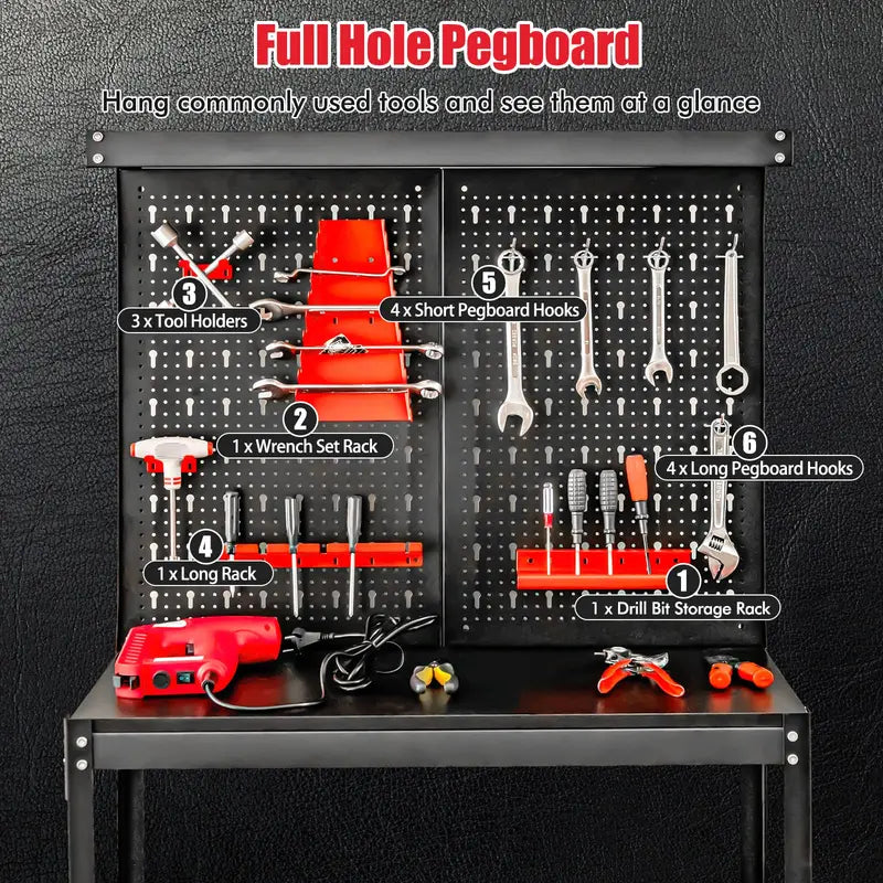Heavy-Duty Steel Workbench with Pegboard  Tool Table Featuring 2 Open Shelves & 13 Accessories