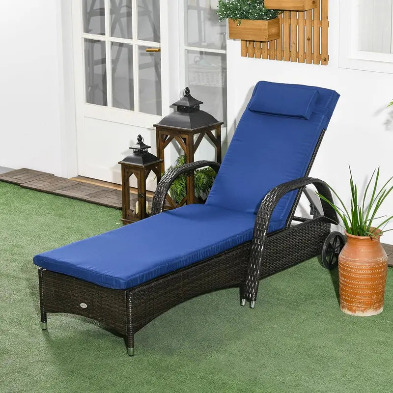 Adjustable PE Rattan Chaise Lounge: Outdoor Sun Lounger with 5-Position Backrest, Headrest & Wheels