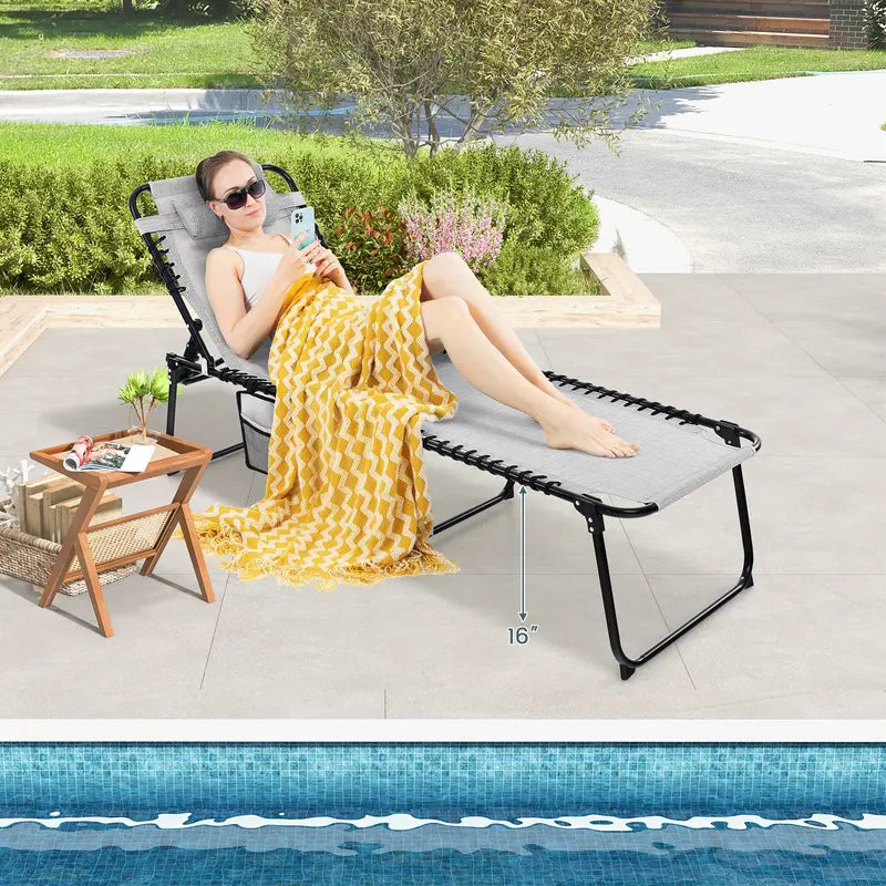 Adjustable Patio Chaise Lounge  Folding Recliner Chair with 4-Position Backrest, Side Pocket & Removable Headrest