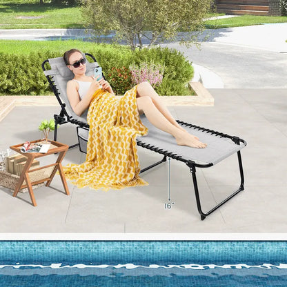 Adjustable Patio Chaise Lounge  Folding Recliner Chair with 4-Position Backrest, Side Pocket & Removable Headrest
