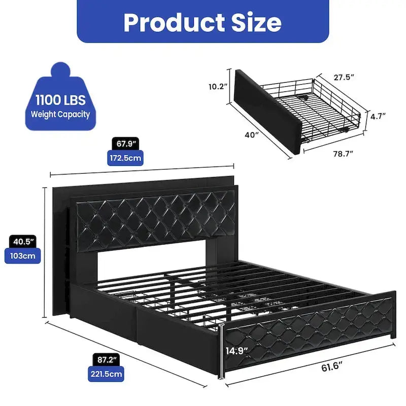 Moasis LED-Uplighted Queen Platform Bed Frame  PU Upholstered Modern Design