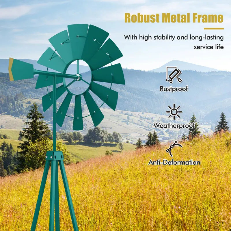 8-Foot All-Weather Ornamental Metal Windmill with Four-Point Base and Weathervane Feature