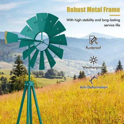 8-Foot All-Weather Ornamental Metal Windmill with Four-Point Base and Weathervane Feature