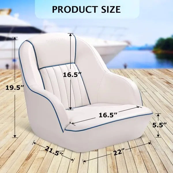 White & Blue Captains Bucket Pontoon Boat Seat  Fold-Back Backrest, Marine-Grade Cabin Seating