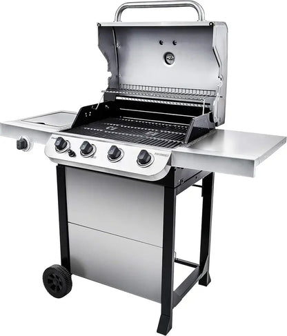 Premium Stainless Steel 4-Burner Gas Grill on Mobile Cart  Even Heat Distribution and Durable Outdoor Cooking Station