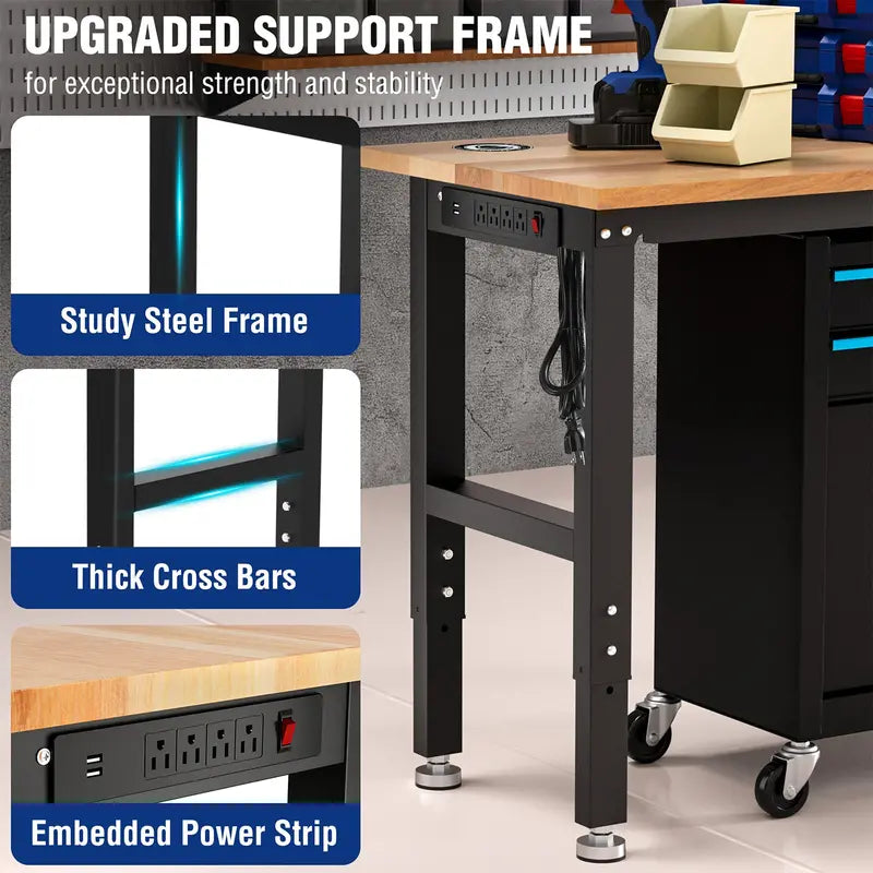 WORKPRO 60″ x 24″ Adjustable Workbench  1500-LB Capacity, Hardwood Top, Power Outlets