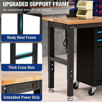 WORKPRO 60″ x 24″ Adjustable Workbench  1500-LB Capacity, Hardwood Top, Power Outlets