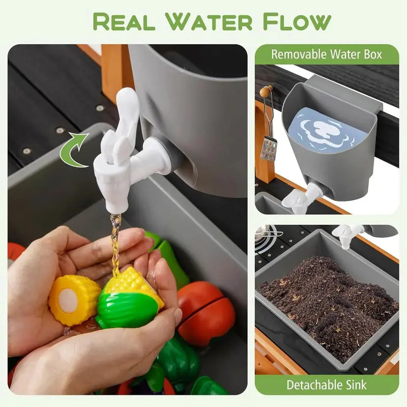 OLAKIDS Outdoor Mud Kitchen Playset  Rolling Wooden Kids’ Cooking Station with Removable Sink, Accessories, and All-Terrain Wheels for Ages 3+
