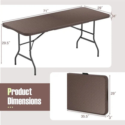 6-Foot Rattan-Style Plastic Folding Table  HDPE Textured Top, 350 lb Outdoor Duty