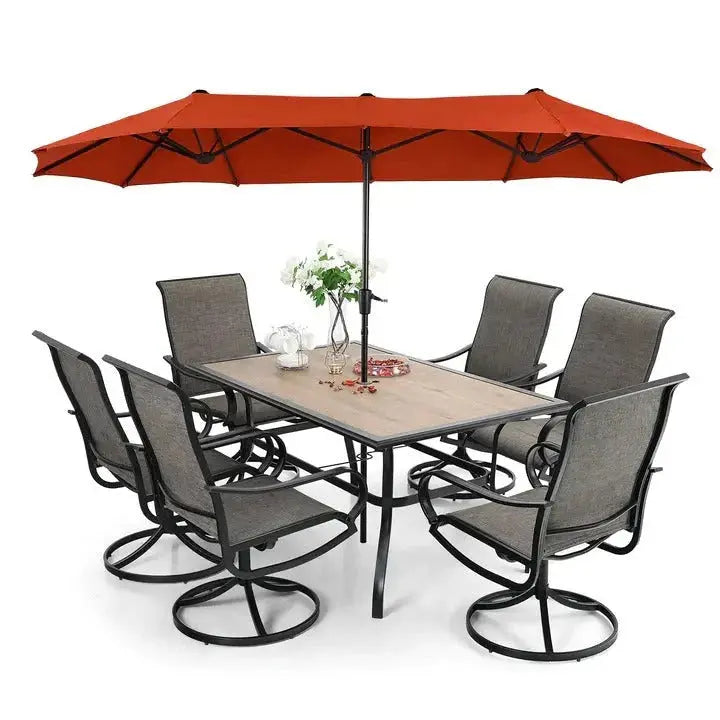 8-Piece Swivel Patio Dining Set  Includes Parasol, 6 Mesh-Covered Chairs, and Table
