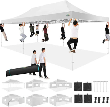 COBIZI 10×20 ft Commercial Pop-Up Canopy Tent  Heavy-Duty Frame, 6 Sidewalls, Wind/Waterproof Gazebo with Roller Bag