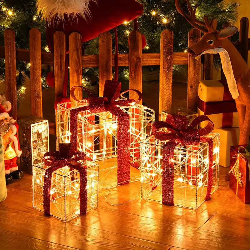 Lighted Christmas Gift Box Ornaments  Set of 3 White LED-Illuminated Decorative Boxes