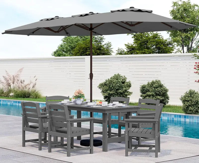 SERWALL 7-Piece Blue HDPE Outdoor Dining Set with Umbrella Hole and Stackable Chairs