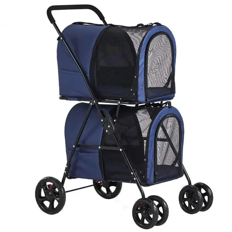 Navy Blue Double Pet Stroller  Foldable 4-Wheel Travel Carrier with Suspension for Two Dogs or Cats