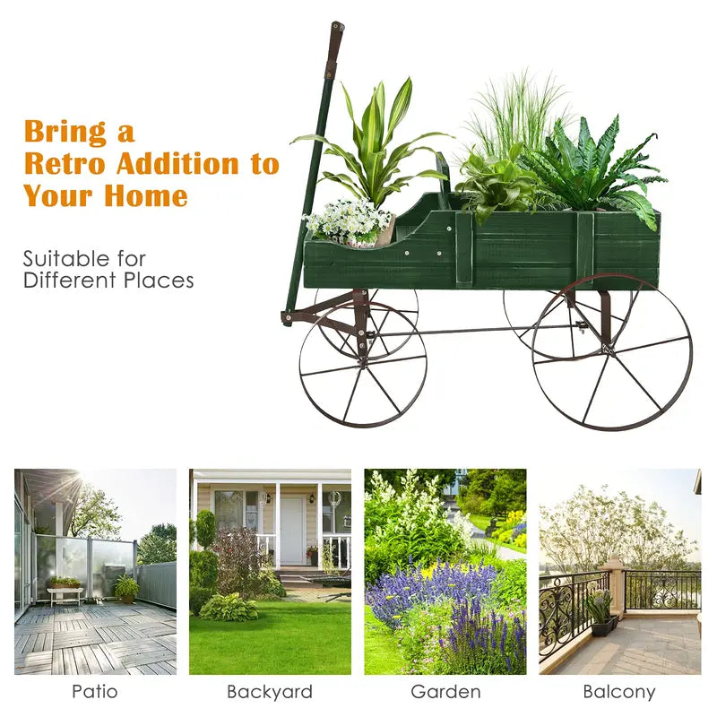 Wooden Wheeled Wagon Planter  Decorative Rolling Garden Planter for Patios and Landscapes