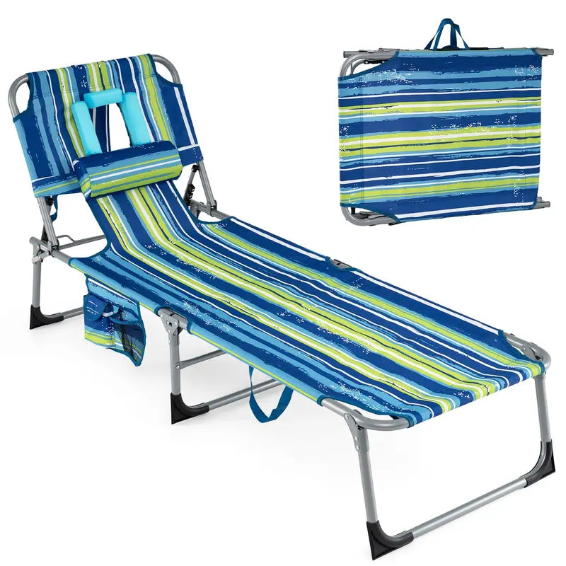 Adjustable Beach Lounge Chair  Folding Sun Lounger with 4-Position Reclining Backrest