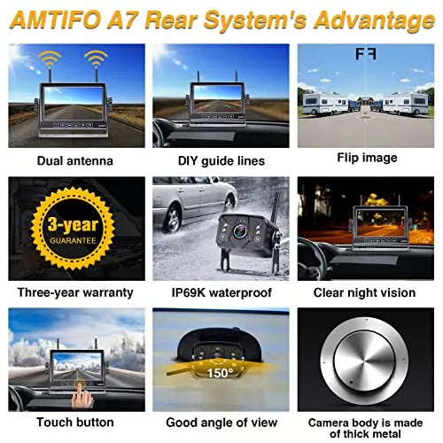 AMTIFO RV Backup Camera Wireless Touch-Key 7-Inch Monitor Split Screen 4 Channels for Campers/5th Wheels