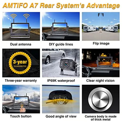 AMTIFO RV Backup Camera Wireless Touch-Key 7-Inch Monitor Split Screen 4 Channels for Campers/5th Wheels