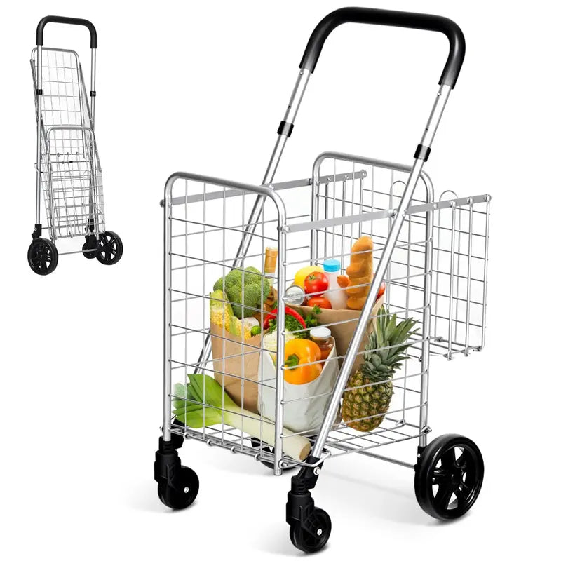 Dual-Basket Folding Utility Cart  Compact Shopping Trolley with 360° Swivel Wheels