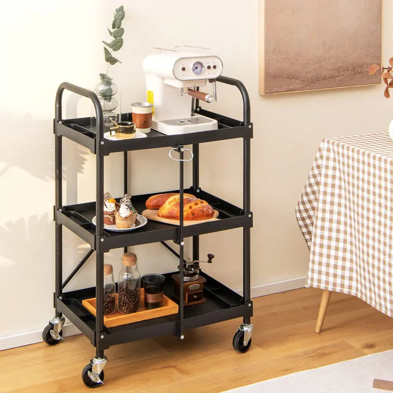 Three-Tier Rolling Utility Cart  Industrial-Strength Folding Tool Trolley with 330 LB Capacity