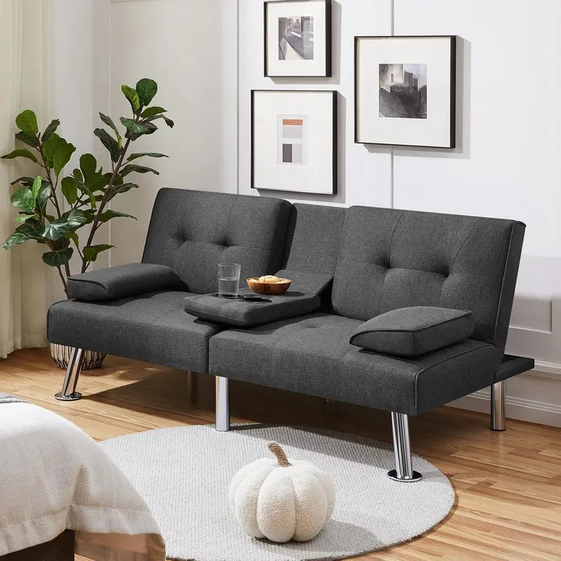 Yaheetech Faux Leather Convertible Sofa Bed  Reversible Loveseat with Removable Arms & 3-Position Recline