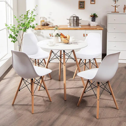 Modern 31.5-Inch Round Dining Set: White Table with Green DSW-Inspired Chairs and Solid Wood Legs—Optimized for Compact Homes and Restaurants