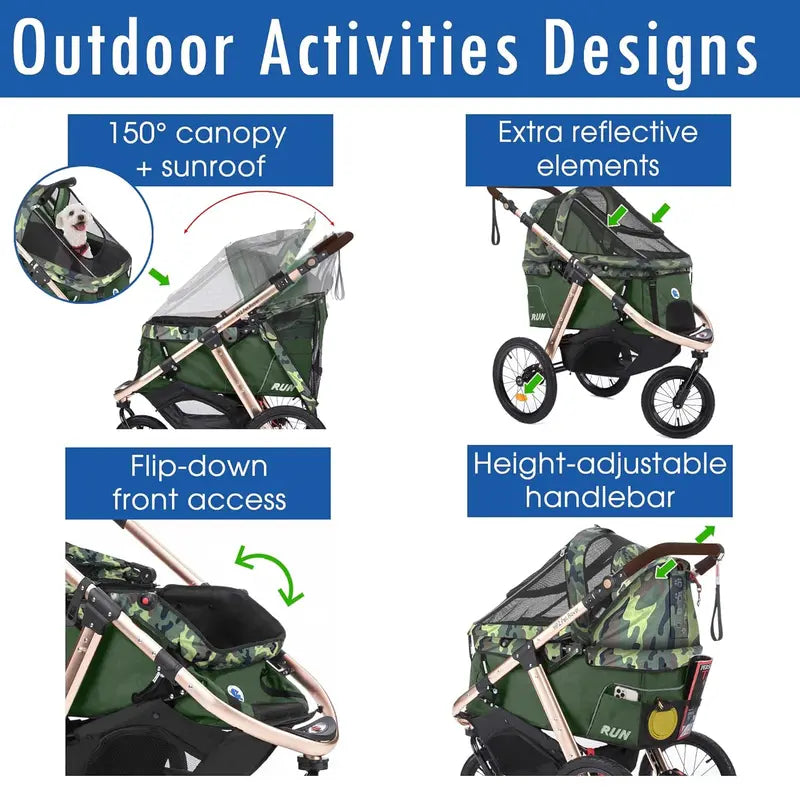 All-Terrain Pet Jogging Stroller  Aluminum Frame, Zipper-Free Entry, One-Hand Fold, Rubber Wheels (Green Camo)
