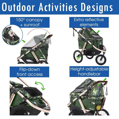 All-Terrain Pet Jogging Stroller  Aluminum Frame, Zipper-Free Entry, One-Hand Fold, Rubber Wheels (Green Camo)