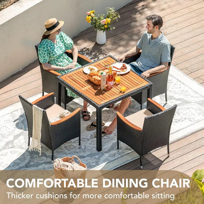 Devoko 7-Piece Rattan Patio Conversation Set — Acacia Wood Table Top and Woven Seating