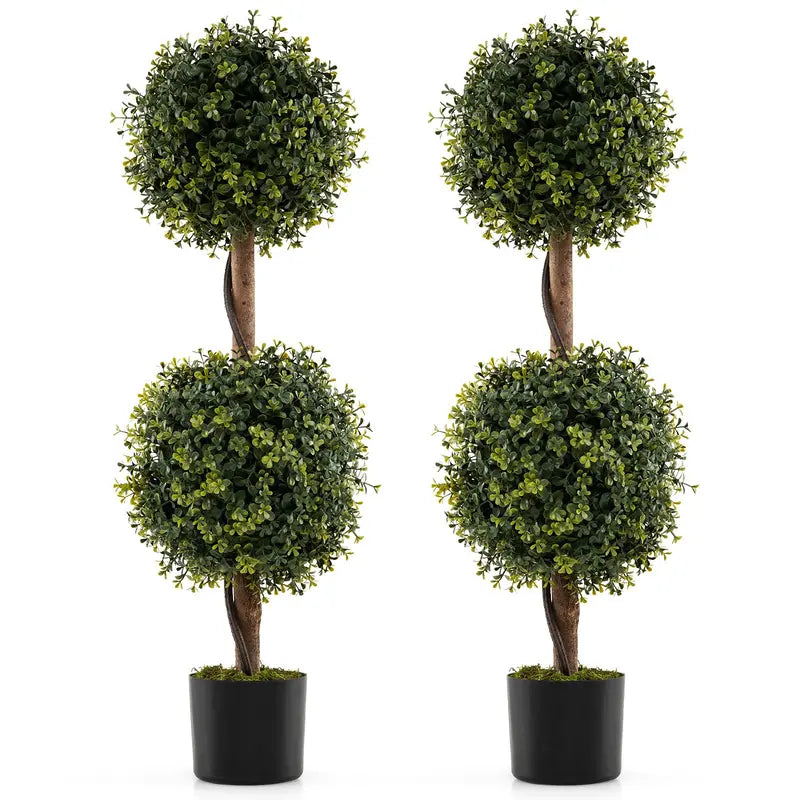 Set of 2 Faux Boxwood Topiary Trees  3-Foot Outdoor-Ready Ball Shrubs in Weighted Cement Pots