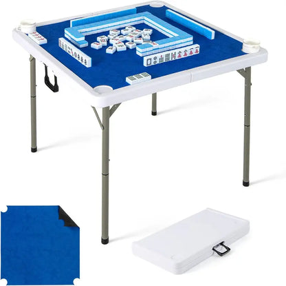 Mahjong-Friendly Folding Card Table — 35-Inch Square HDPE Surface with Cup Holders & Mat